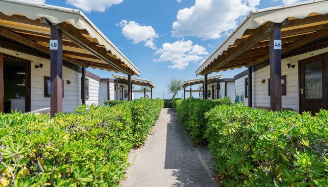 Sentiero tra bungalow con tetti a pergola e cespugli.