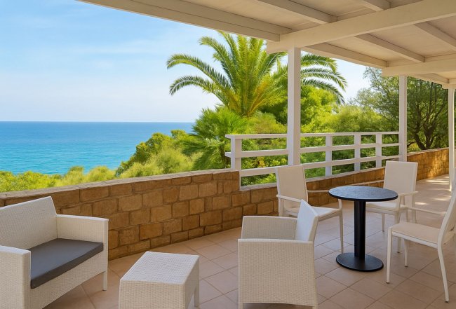 Terrazza con vista mare, arredamento bianco.