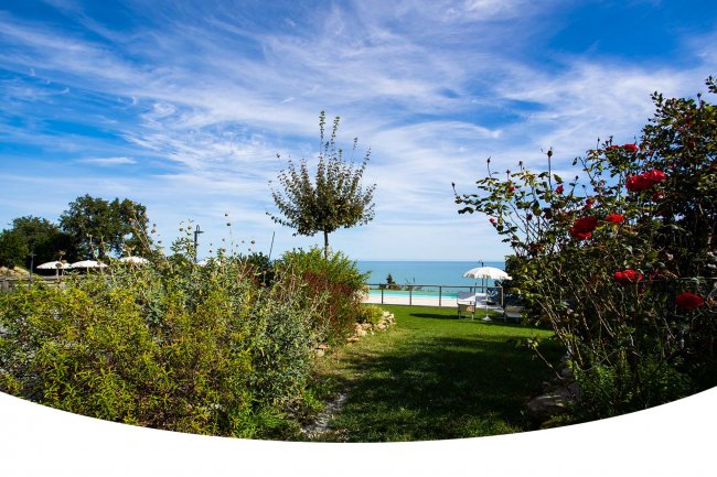 Giardino con piante e vista mare sullo sfondo.