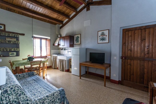 Cucina e soggiorno con tavolo e divano.