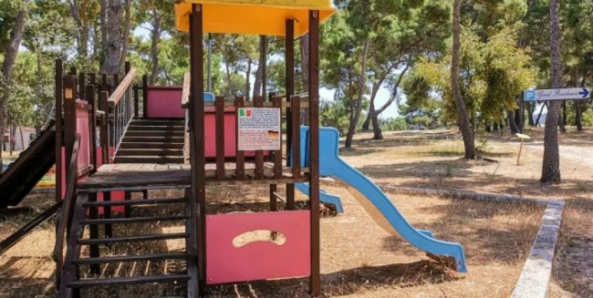Parco giochi con scivolo blu e alberi intorno.