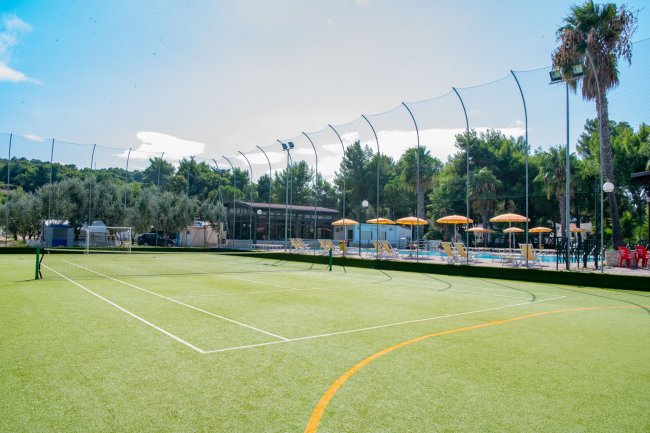 Campo da tennis con rete e alberi sullo sfondo.