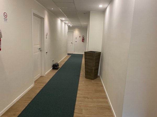 Corridoio d'albergo con moquette verde.