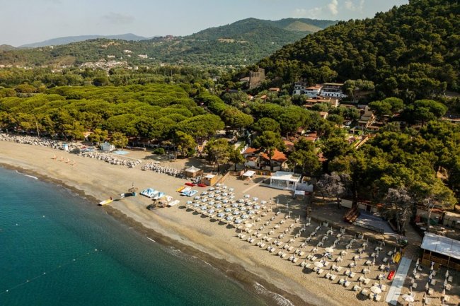 Vista aerea di una spiaggia con ombrelloni bianchi e vegetazione circostante.