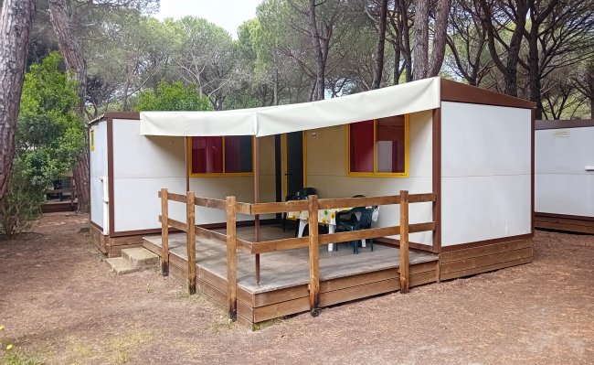 Una casa mobile bianca con veranda in legno, situata tra alberi alti.