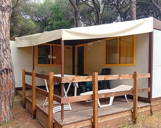 Casa mobile bianca con veranda in legno, tavolo e sdraio, circondata da alberi.