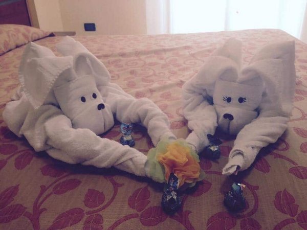 Asciugamani piegati a forma di animali su letto.