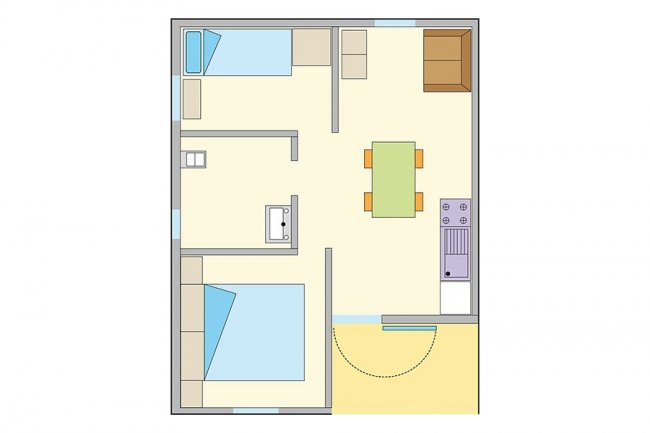 Piantina di appartamento con due camere e cucina.