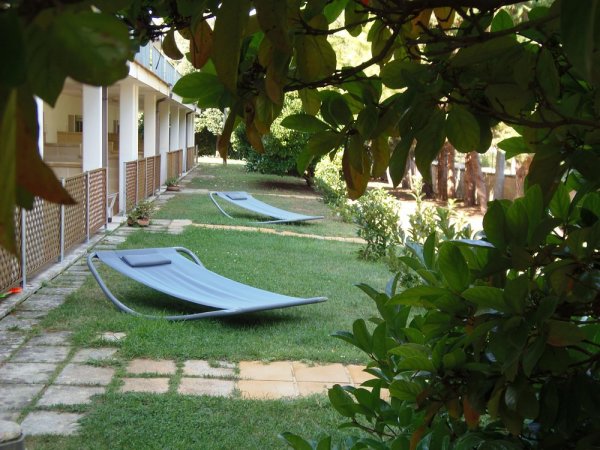 Amache moderne su un prato vicino a un edificio.