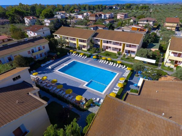 Piscina rettangolare circondata da lettini e ombrelloni, vista dall'alto.