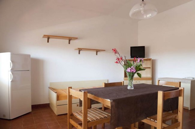 Sala da pranzo con tavolo in legno, fiori in vaso, frigo bianco e televisore su mobile.
