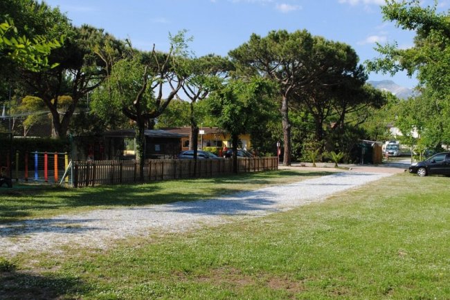 Sentiero di ghiaia tra prati verdi con alberi alti e un recinto di legno lungo il lato destro.