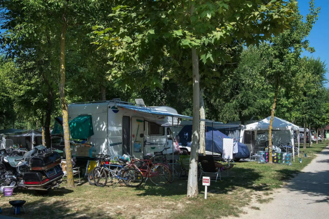 Camper parcheggiato tra gli alberi in un campeggio.